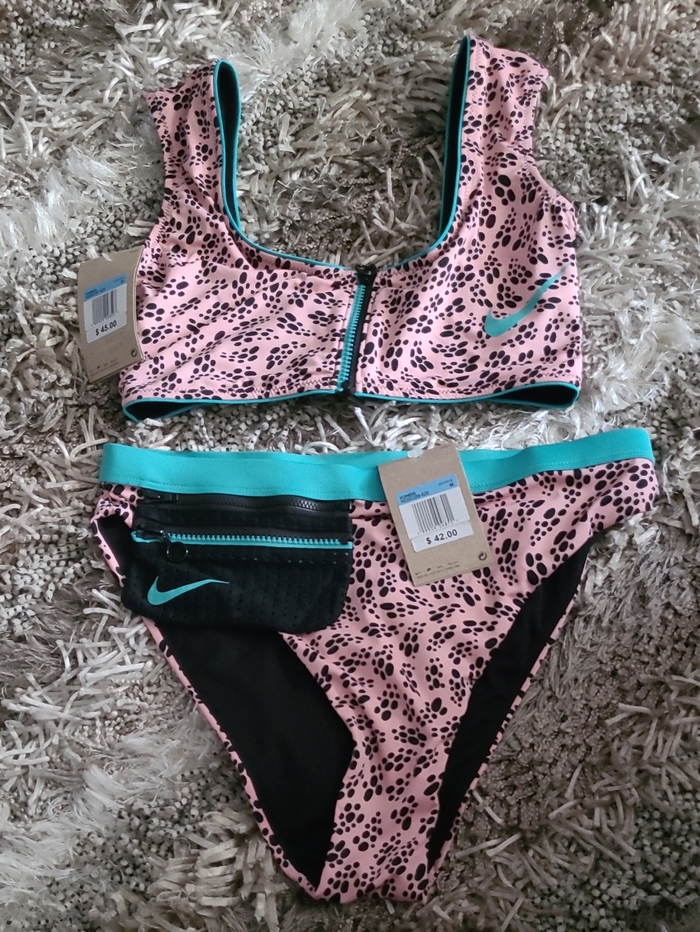 Nike Pink and Teal Front-Zip Bikini Set